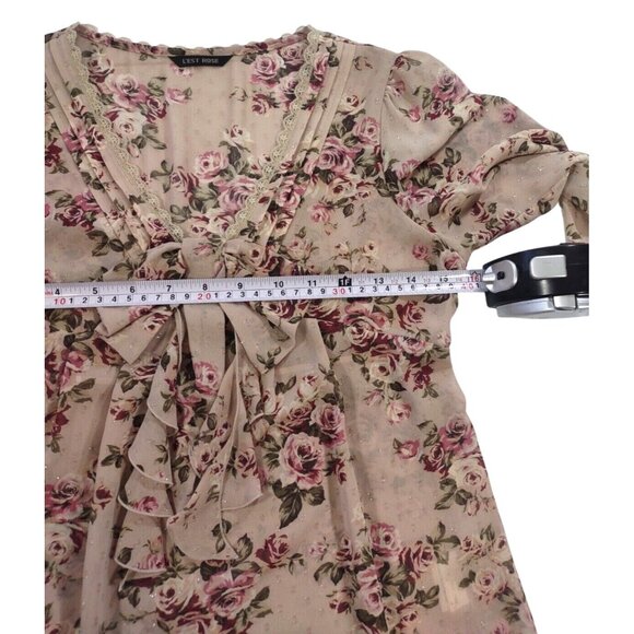 L'est Rose Floral Lace Trim Sheer Long Sleeve Babydoll Top Romantic Coqu… - Picture 7 of 8